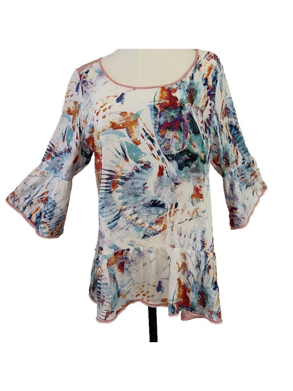 Soft Surroundings Tunic Top Women's Size M Multicolor Abstract Ruffle Boho Artsy